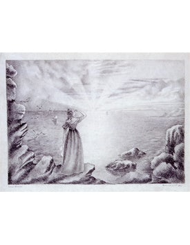 Poster: Woman gazing at a sunrise over a seascape
