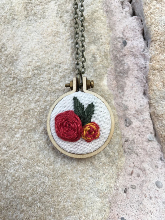 Roses Mini Embroidery Hoop Necklace - by AbigailRoseCreative