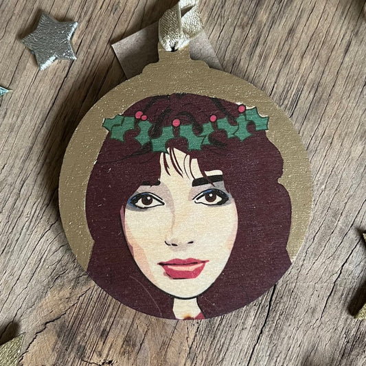 Kate Bush - Character Wooden Bauble Hand Painted with Gold Leaf Paint