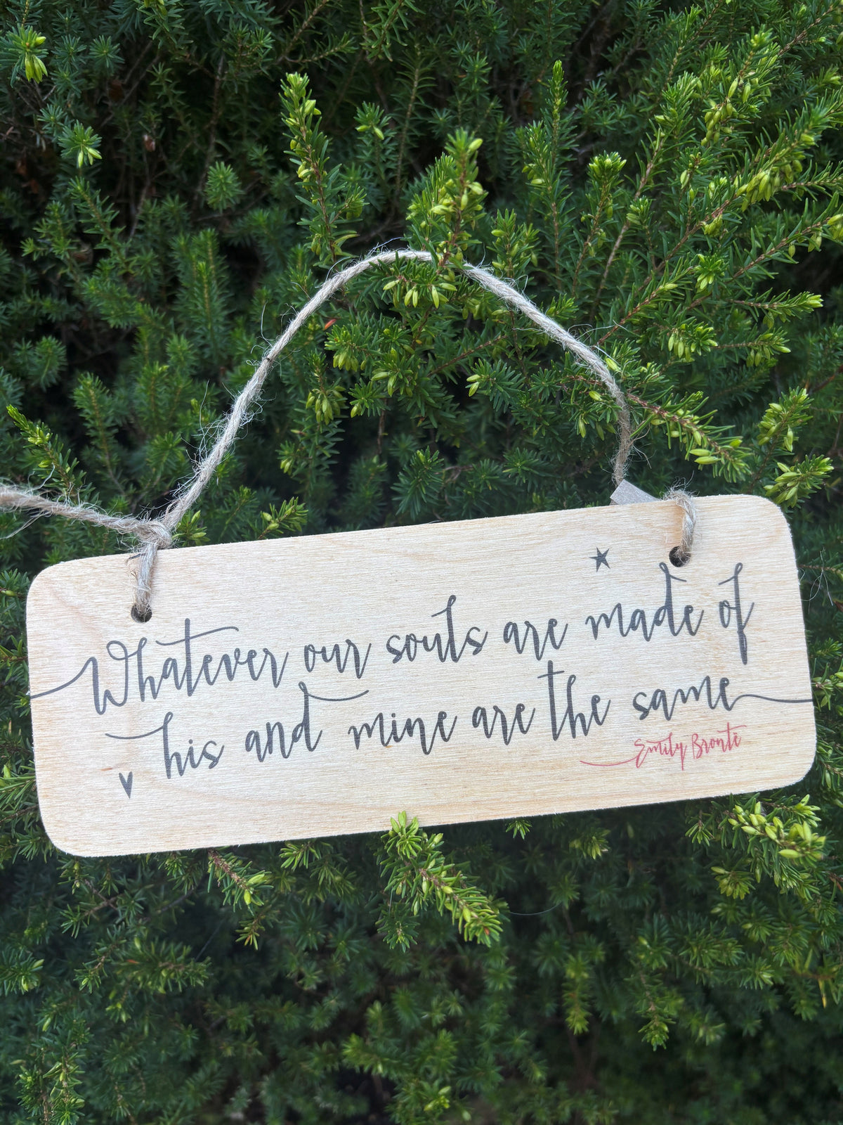 Wooden Wall Hanging: 'Whatever our souls are made of his and mine are the same'.