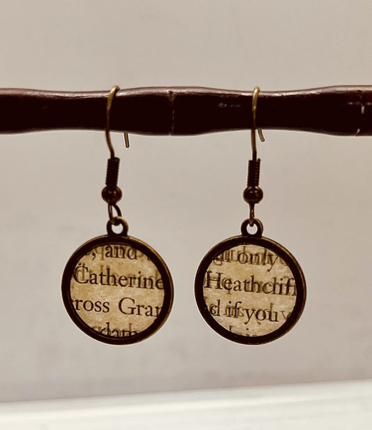 Emily Bronte Wuthering Heights Earrings: Catherine Heathcliff Recycled Book Jewellery - Bronze hook