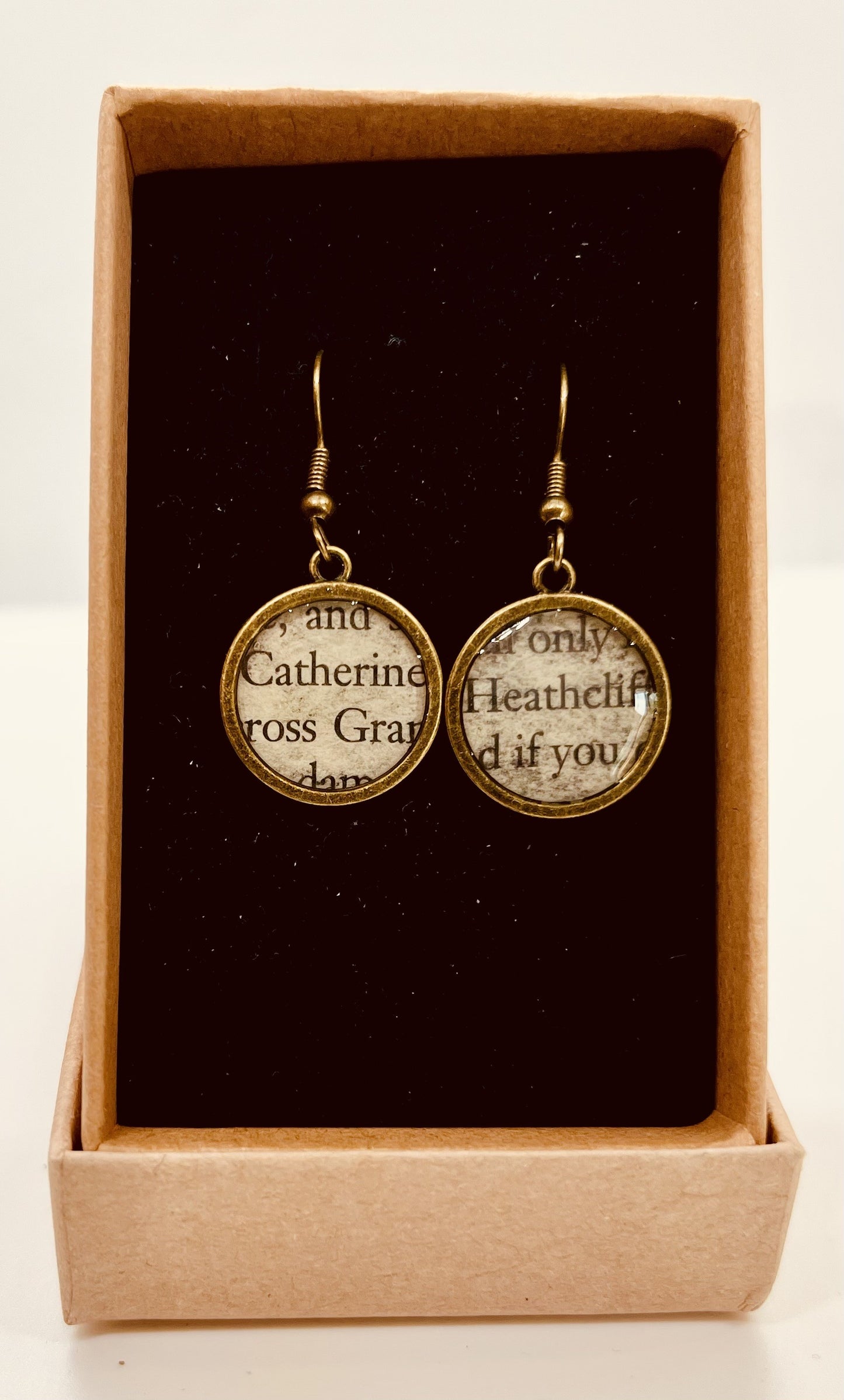 Emily Bronte Wuthering Heights Earrings: Catherine Heathcliff Recycled Book Jewellery - Bronze hook