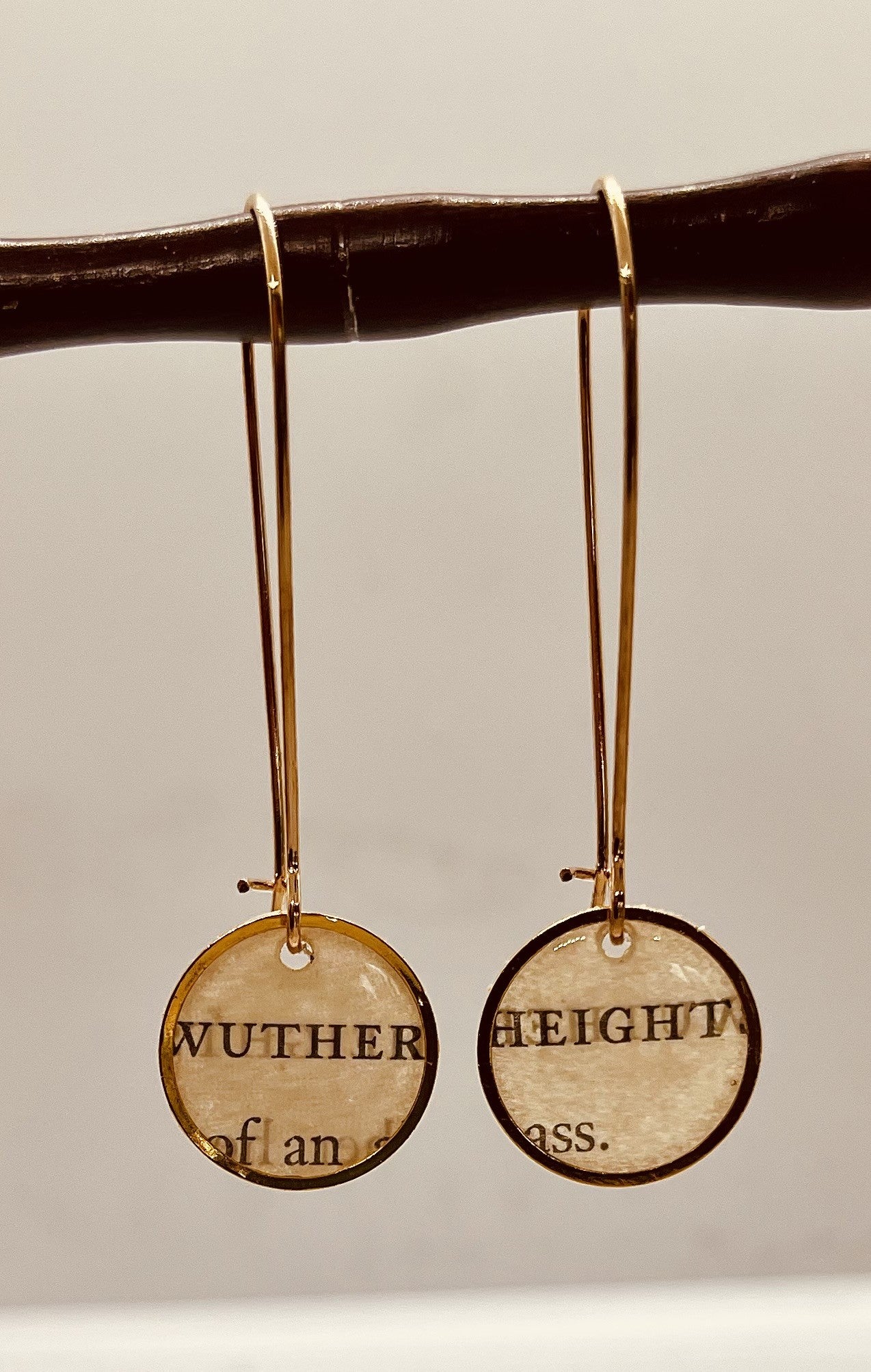 Emily Bronte Wuthering Heights Earrings: Recycled Book Jewellery - Gold French Lever