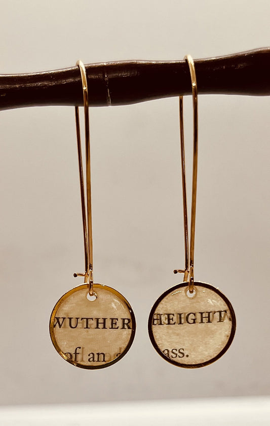 Emily Bronte Wuthering Heights Earrings: Recycled Book Jewellery - Gold French Lever