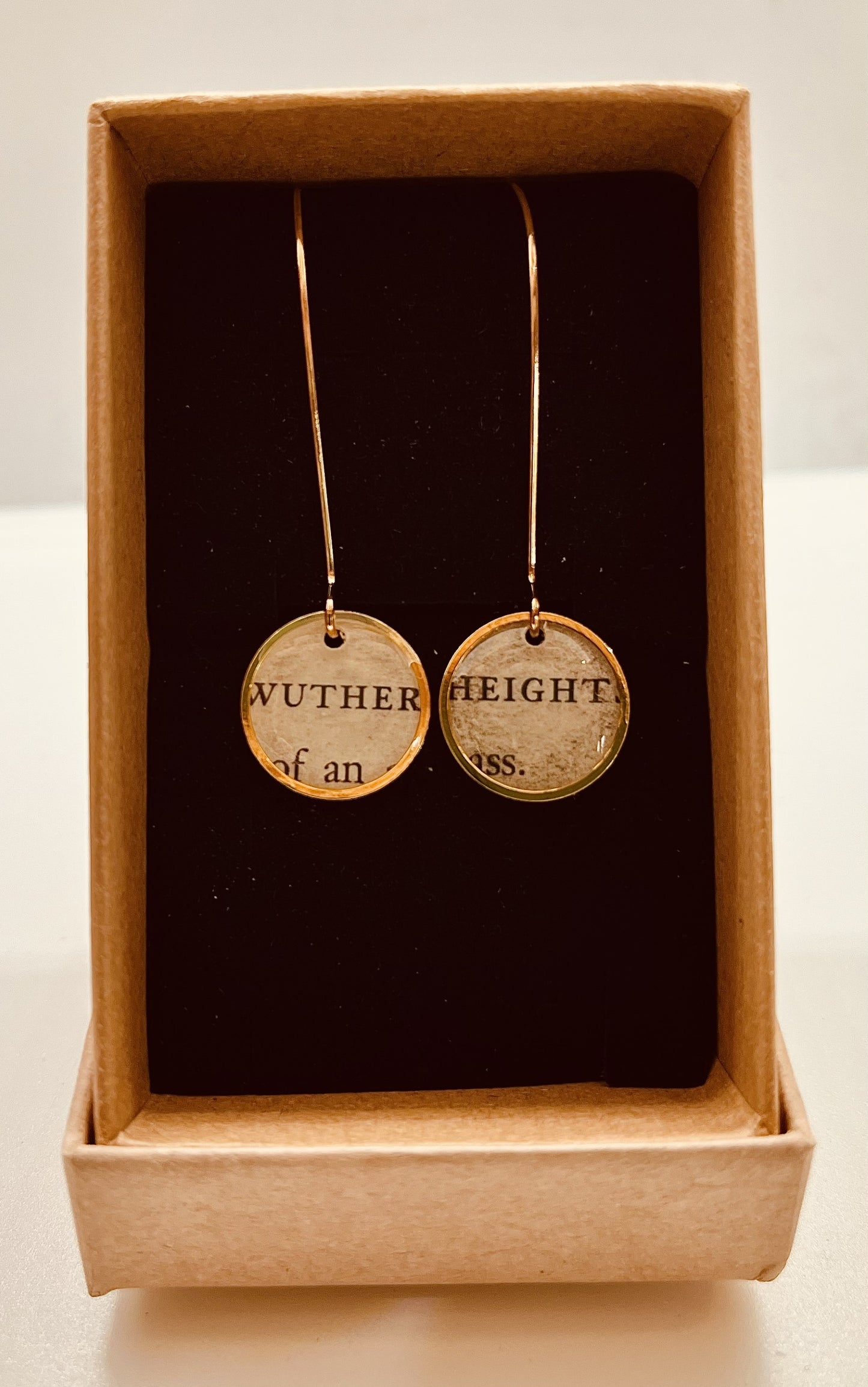 Emily Bronte Wuthering Heights Earrings: Recycled Book Jewellery - Gold French Lever