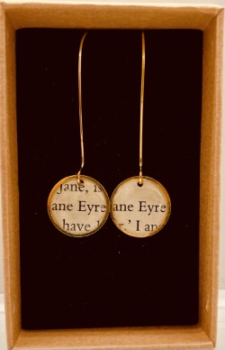 Charlotte Brontë Jane Eyre Earrings: Recycled Book Jewellery - Gold French Lever