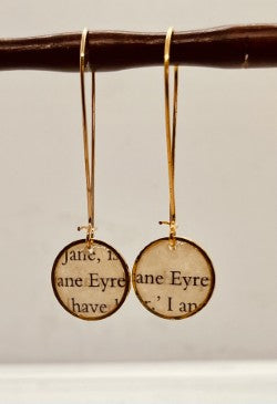 Charlotte Brontë Jane Eyre Earrings: Recycled Book Jewellery - Gold French Lever